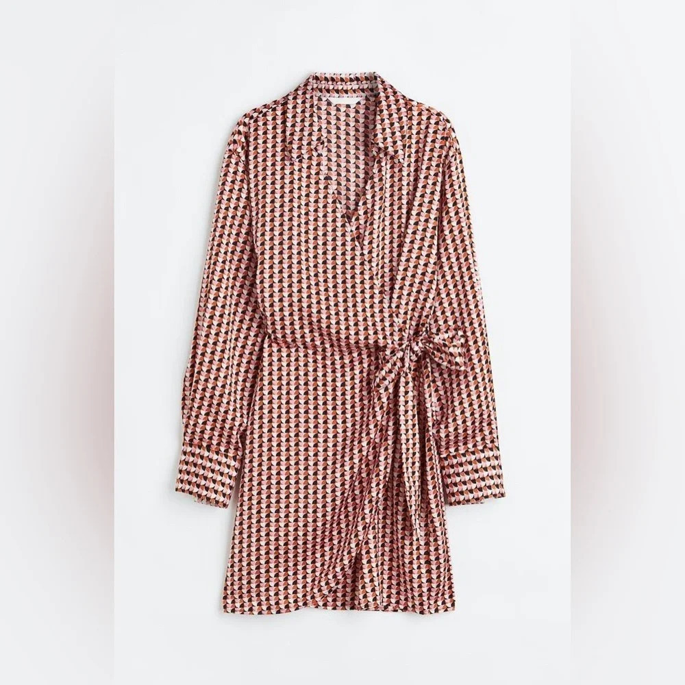 H&M Pink/Patterned Satin Wrapover Shirt Dress Size S - Picture 2 of 9